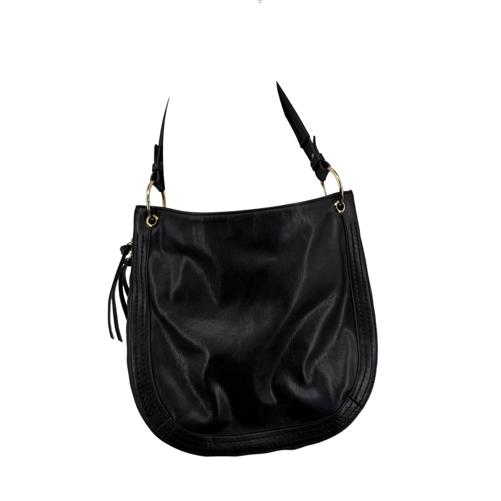 Black Leather Hobo Shoulder Bag Gold Hardware Tassel Detail‎ Slouchy Purse Moto